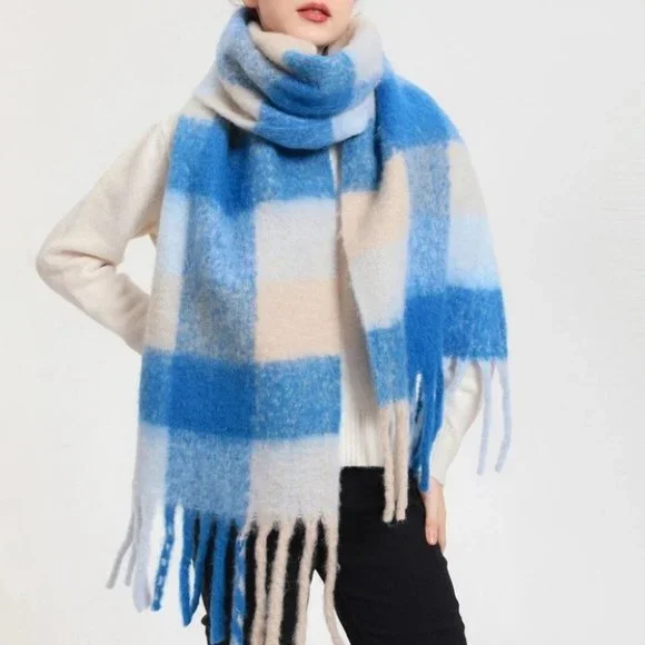 BLUE plaid fringe trim scarf fall fun contemporary multicolor - Picture 3 of 3